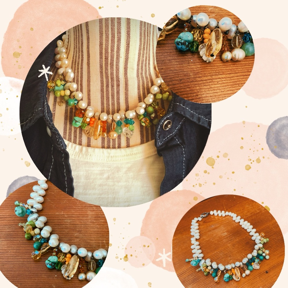 Real Pearls Turquoise Quartz Choker Artist Handmade Colorful OOAK gemstones